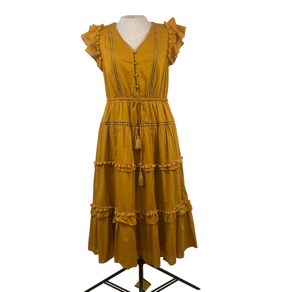 Point‎ Sur J.Crew Mustard Yellow Pom Pom Tiered Midi Dress Womens 8 Cotton Boho